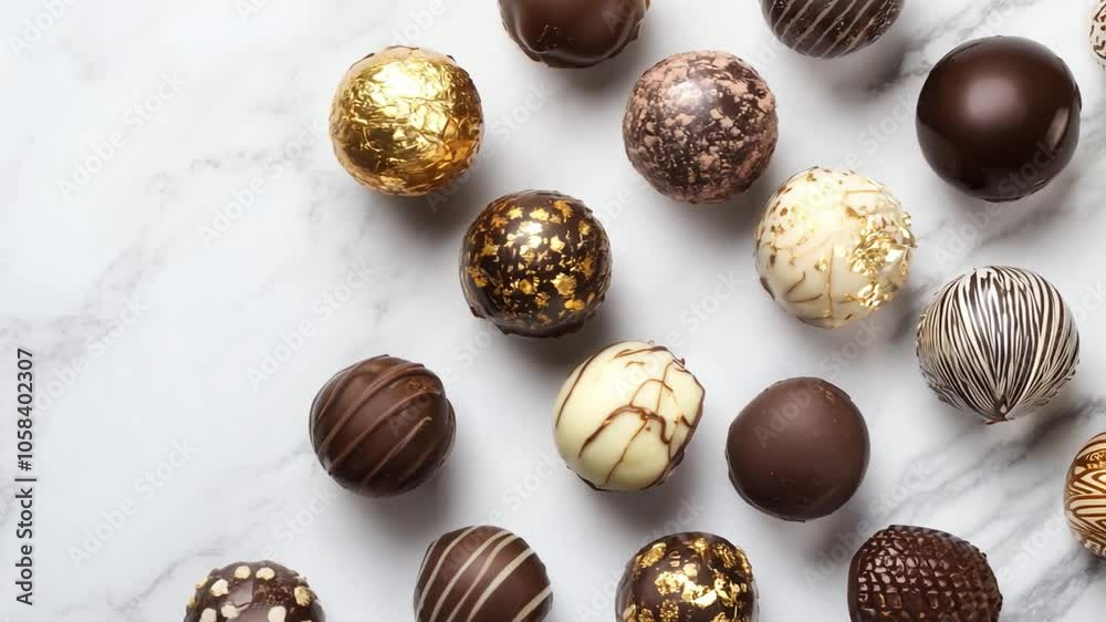 Gourmet chocolate truffles arranged on a marble surface, showcasing a variety of flavors and textures Gourmet chocolate truffles arranged on a marble surface, showcasing a variety of flavors and textures
