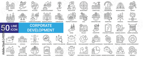 Corporate Development icon collection set with merger, 
employee benefit, value, performance, competitive