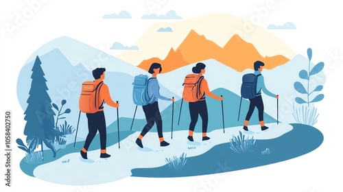 Group of hikers trekking through mountains on a scenic trail with lush greenery and vibrant landscapes.