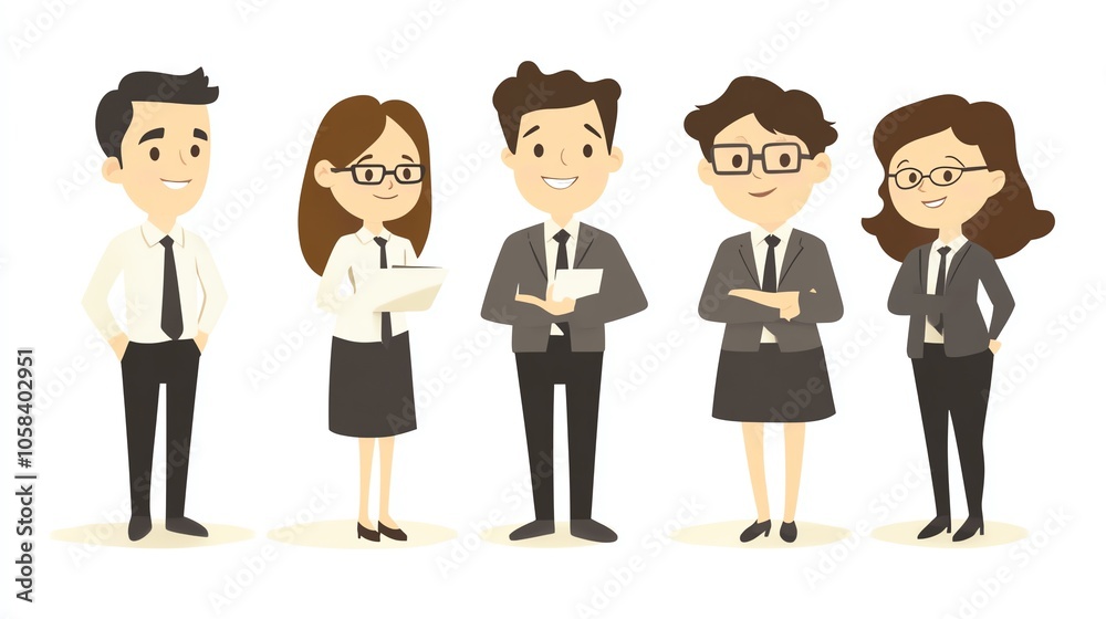 Group of cartoon business people standing together in a light-hearted corporate setting. Group of cartoon business people standing together in a light-hearted corporate setting.