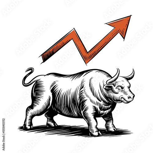Bull Sketch with Upward Arrow, Monochrome, Economic Forecast