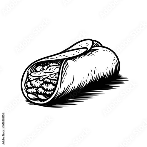Burrito Illustration, Black and White, Mexican Cuisine Icon