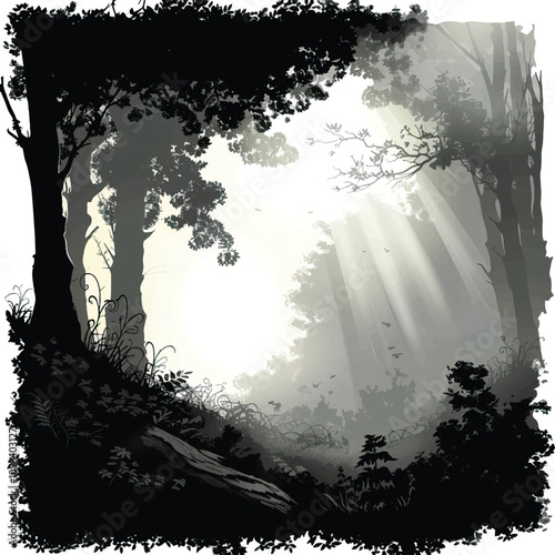 A forest clearing with sunbeams. silhouette illustration