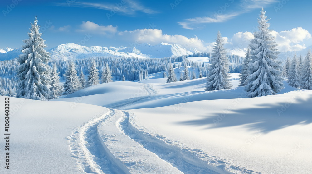 Fototapeta premium A snowy winter forest scenery with no one in sight, with snowy mountains in the distance. Ski tracks across the snowy field. Winter, season, travel, sports, christmas, nature, landscape concept.