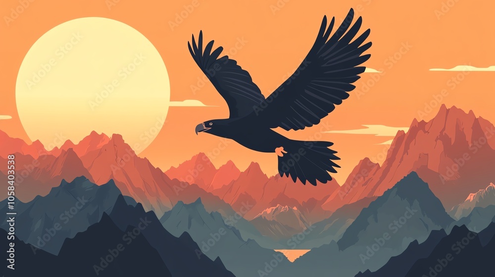 Obraz premium Eagle soaring over majestic mountains during a vibrant sunset.