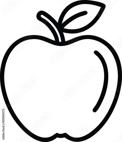 Black and White Outline of an Apple, Simple line art illustration of an apple with a stem and leaf, presented in black and white outline style, ideal for coloring or icons.