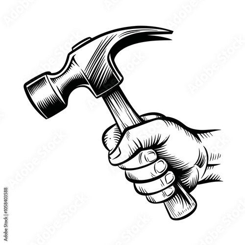 Hand Holding Hammer Illustration, Black and White, DIY Concept
