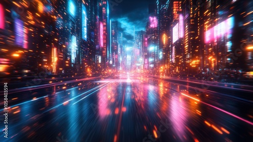 Futuristic cityscape with vibrant lights and reflective surfaces.