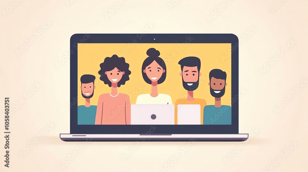 Diverse group of people collaborating on a laptop, colorful illustration, engaging teamwork concept.