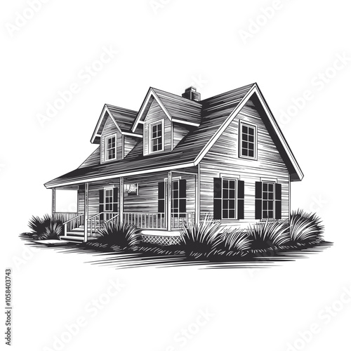 Illustration of House, Black and White, Residential Architecture