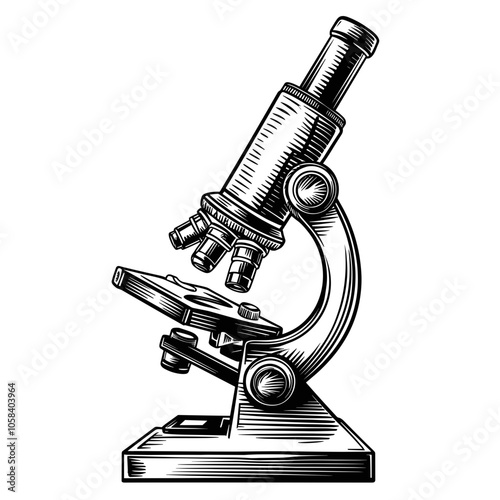 Microscope Illustration, Black and White, Scientific Exploration