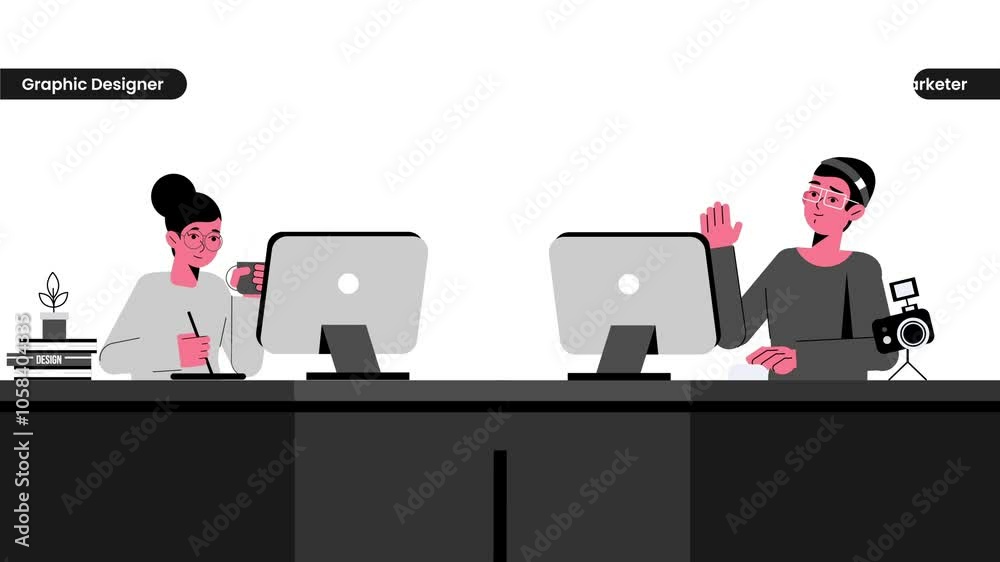 Animation of a two mans working at a computer as a graphic designer and digital marketer. Remote work, freelance, home office, programming, education. Communication on the Internet, online meetings