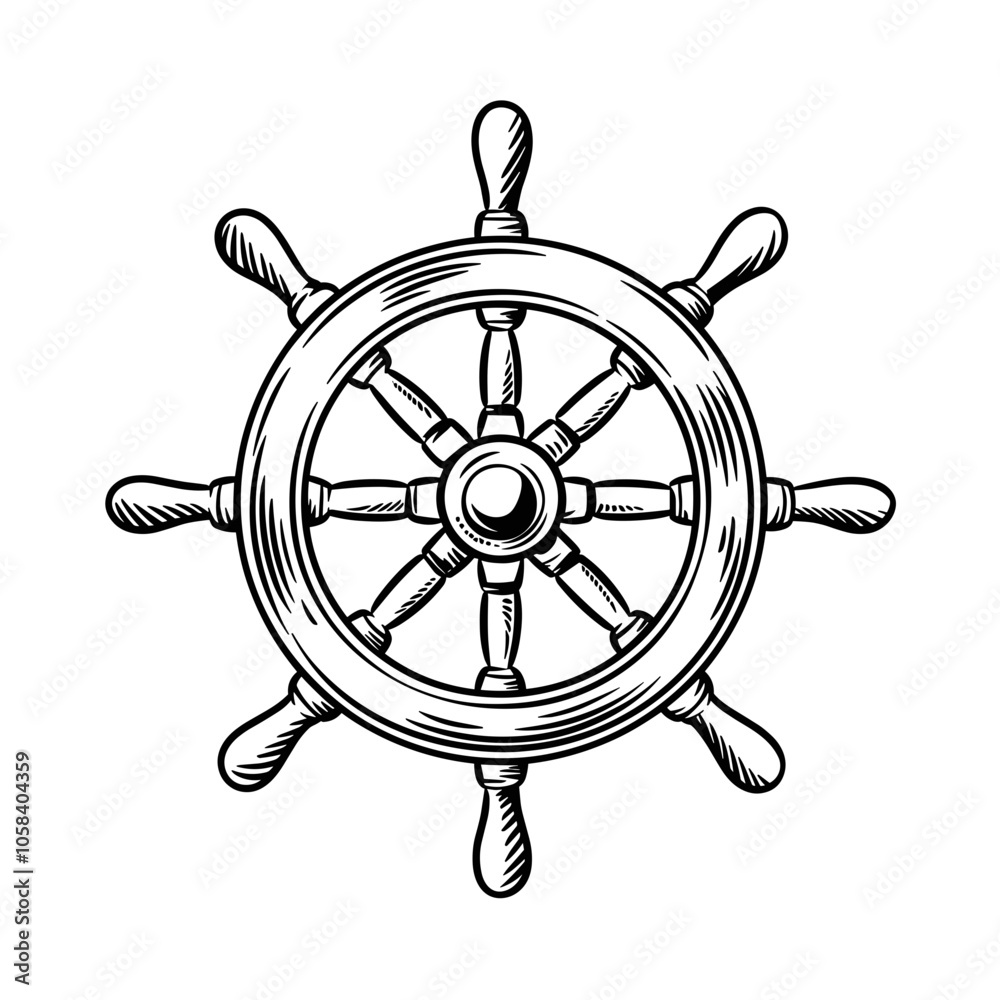 Ship Wheel Vintage Doodle Style Illustration, Vector