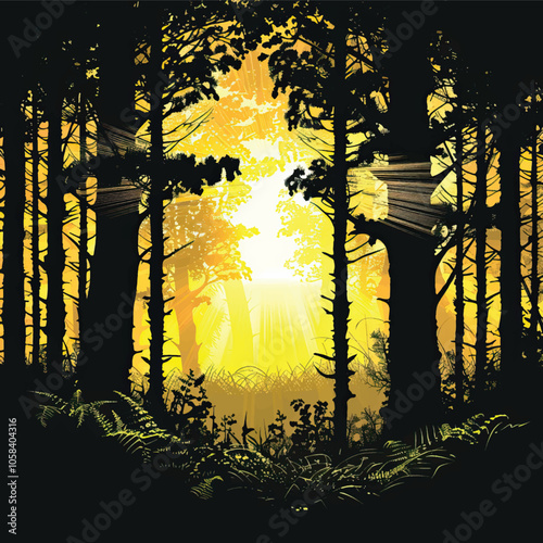 A forest clearing with sunbeams. silhouette illustration