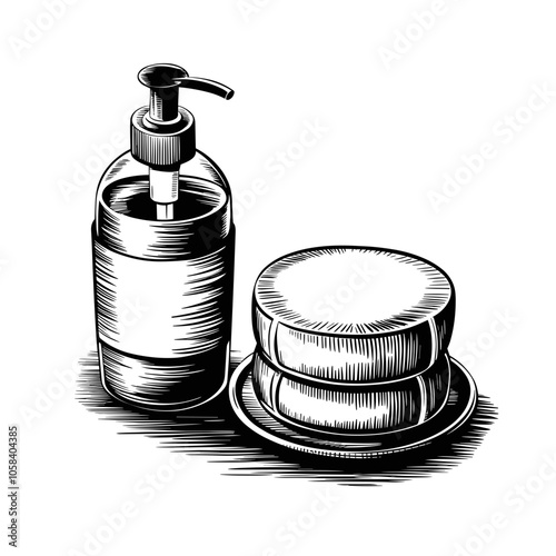 Soap Dispenser with Soap Bar, Vector in Monochrome Doodle Style