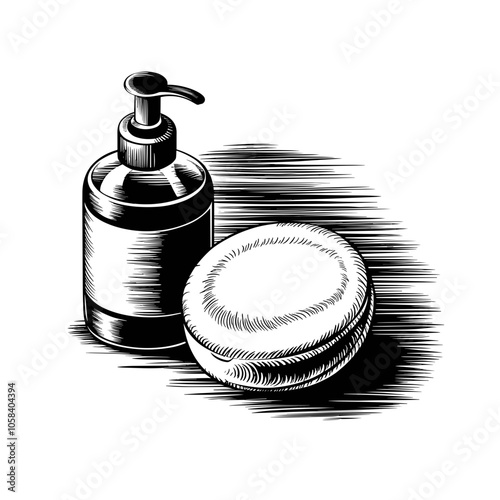 Monochrome Vector Illustration of Soap Dispenser and Bar, Doodle Art