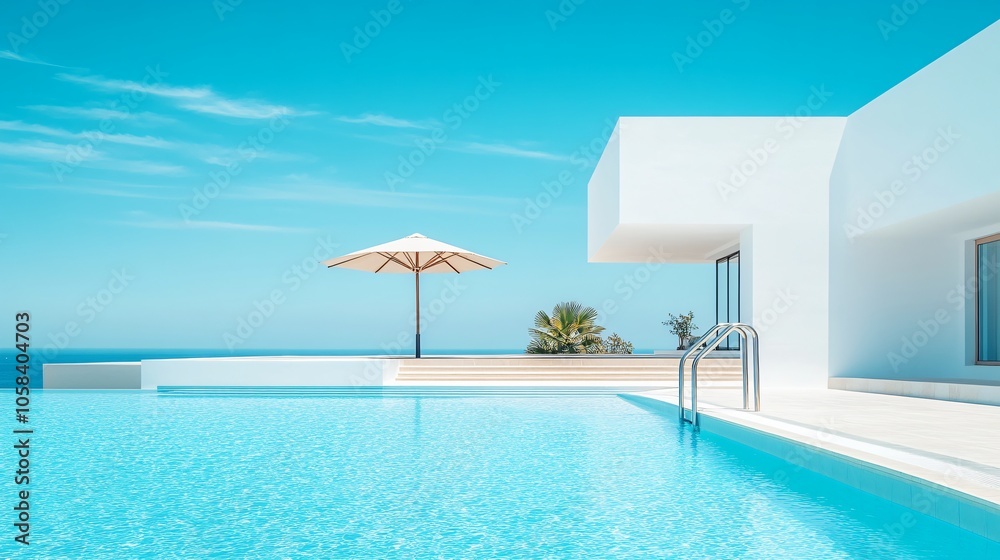 Fototapeta premium Relaxing at a Private Pool by the Beach in a Luxurious Hotel or Vacation Home, Perfect for a Calm and Rejuvenating Getaway