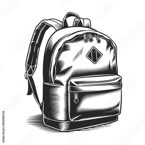 Backpack Vector Illustration, Black and White, Travel Gear