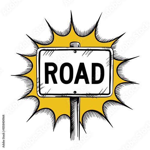 Pop Art Road Sign Illustration, Black and White, Communication Symbol, SVG Format