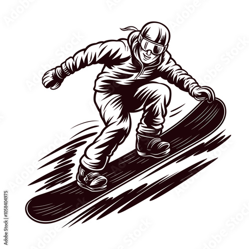 Snowboarding Action Illustration, Black and White, Winter Sport, SVG Format