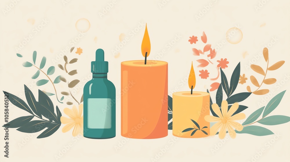 Colorful candles and essential oil bottle surrounded by flowers and leaves, perfect for relaxation themes. Colorful candles and essential oil bottle surrounded by flowers and leaves, perfect for relaxation themes.