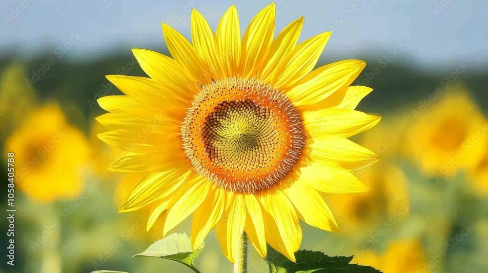 Fototapeta premium Bright Yellow Sunflower in Full Bloom Against Green Field