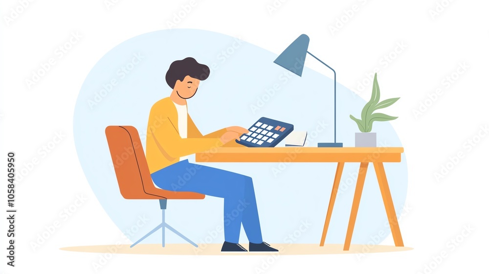 A young professional calculating expenses at a desk with a modern lamp and plant. A young professional calculating expenses at a desk with a modern lamp and plant.