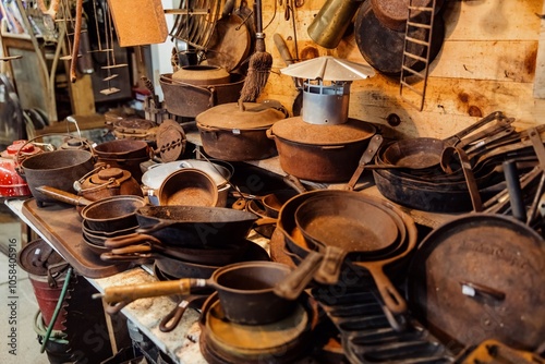 Rusted iron pots and pans for sale in an Antique store in Searsport, Maine, United States. photo