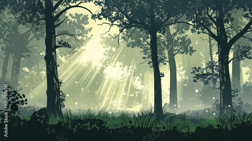 A forest clearing with sunbeams. silhouette illustration