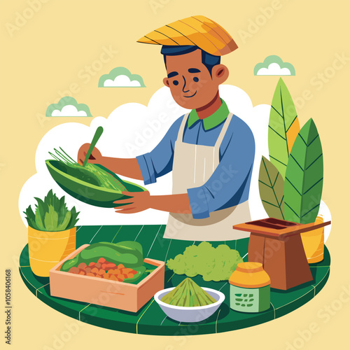 a street vendor preparing a plate of pecel a trad vector