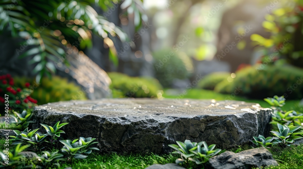 A stone platform in a lush green garden with plants and rocks in the background.