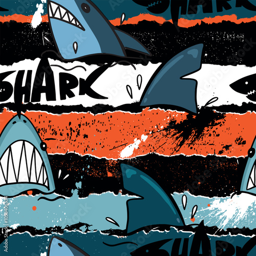 Abstract seamless pattern with shark silhouette, Big fish predator. Grunge modern background for boys and girls,  For prints, T-shirts, textiles,fabric, web. Urban dark wallpaper.