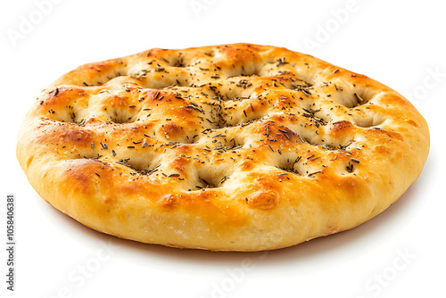 Round focaccia bread seasoned with rosemary and olive oil, showcasing italian culinary tradition