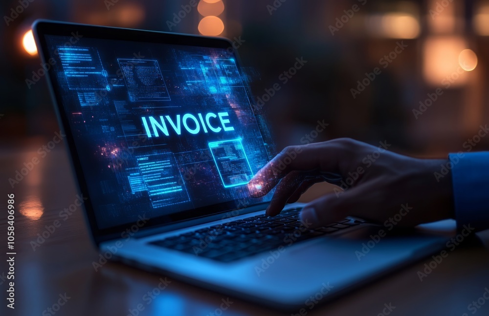 Businessman Using Laptop for Digital Invoice Management Businessman Using Laptop for Digital Invoice Management
