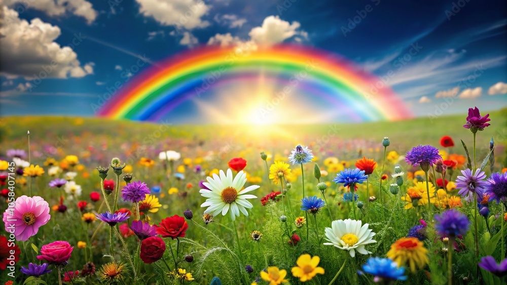 Vibrant rainbow background with scattered colorful flowers in a field, vibrant colors, blooming flowers, field, colorful, colorful blooms Vibrant rainbow background with scattered colorful flowers in a field, vibrant colors, blooming flowers, field, colorful, colorful blooms