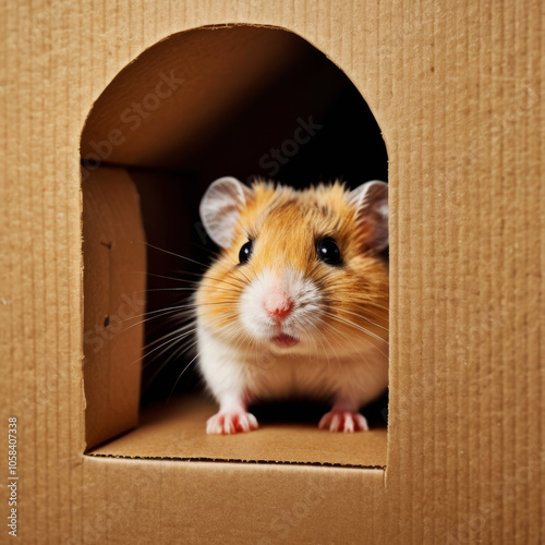 Cute hamster peeks through a cardboard hole, showcasing its adorable features and curious expression.