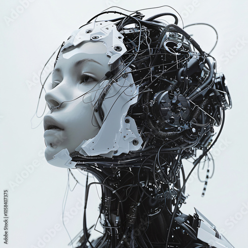 Futuristic AI human hybrid portrait, detailed cybernetic components, realistic face structure, sci-fi art,concept design,digital,bias,reality,3d,render,blue,neural,data,light,cyberpunk,sensor,tech photo