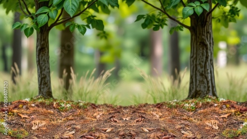 Forest floor with trees and lush greenery. Natural and tranquil woodland scene