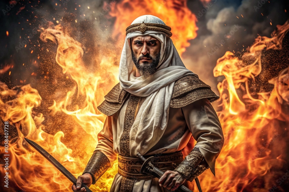 A man in a costume holding a sword is surrounded by fire A man in a costume holding a sword is surrounded by fire