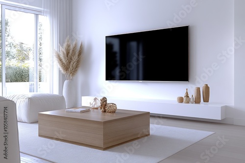 Scandinavian Minimalist Living Room with Wooden Coffee Table, Sofa, and TV