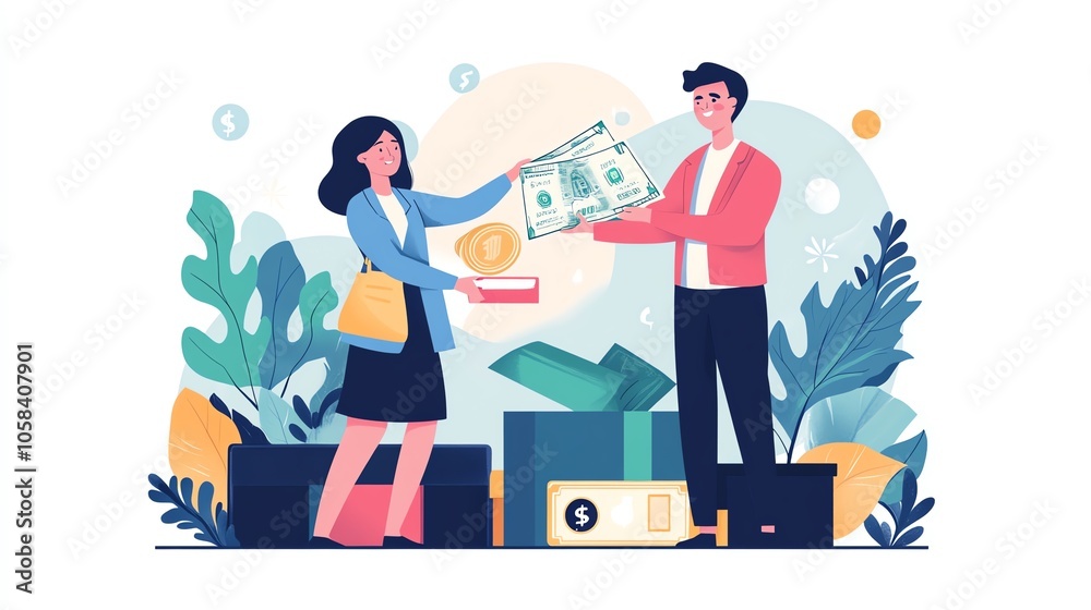 A person handing cash to another, with items and plants surrounding them, on a white background. A person handing cash to another, with items and plants surrounding them, on a white background.