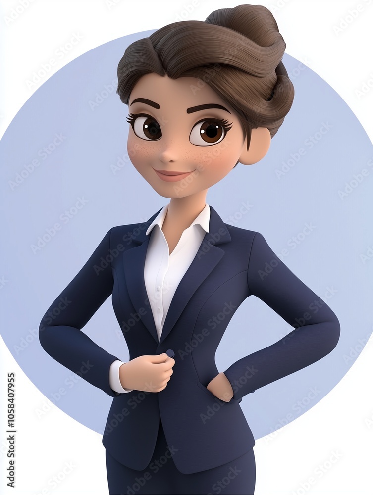 A smiling businesswoman in a suit holding a briefcase in a cartoon vector style