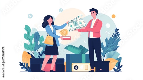 A person handing cash to another, with items and plants surrounding them, on a white background.