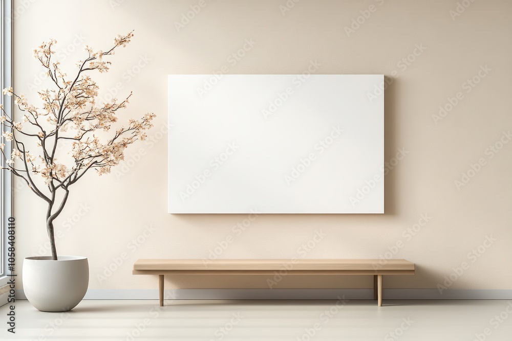 Blank Canvas on Wooden Easel Against Venetian Stucco Wall in Modern Living Room
