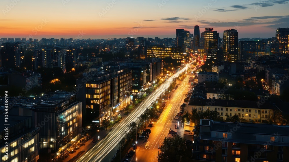 A futuristic cityscape illuminated by energy-efficient LED lights at night, showcasing eco-friendly architecture, glowing skyline, and sustainable urban development focused on green innovation