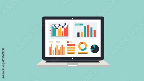 A laptop displaying various colorful data charts and graphs on a light background.