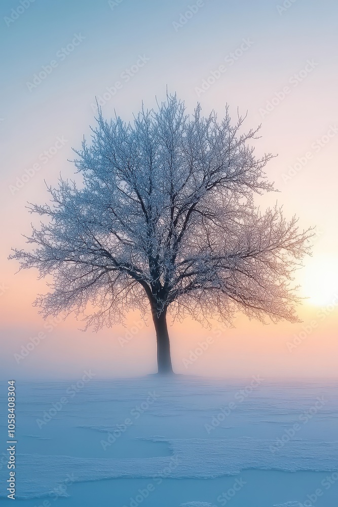 Minimalist view of a frosted tree illuminated by a cold sunrise, with icy branches shimmering in soft morning light and reflecting on the frozen ground below Minimalist view of a frosted tree illuminated by a cold sunrise, with icy branches shimmering in soft morning light and reflecting on the frozen ground below