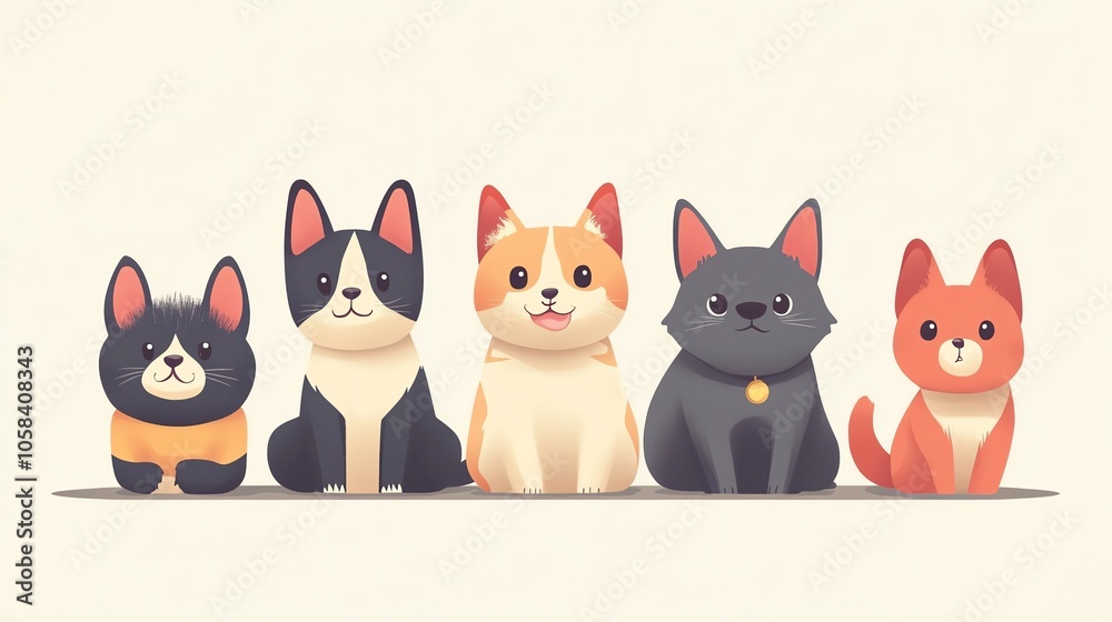 A group of cute cartoon dogs in a row, showcasing adorable features and playful expressions. A group of cute cartoon dogs in a row, showcasing adorable features and playful expressions.