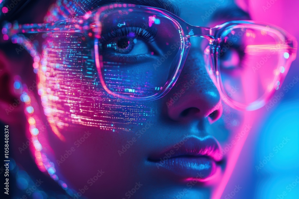 A futuristic face in close-up, overlaid with glowing digital data and infographics A futuristic face in close-up, overlaid with glowing digital data and infographics