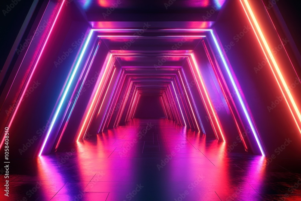 Fototapeta premium An abstract neon light background with glowing lasers in a geometric corridor, featuring purple and red hues, reminiscent of a nightclub stage that creates an energetic party atmosphere